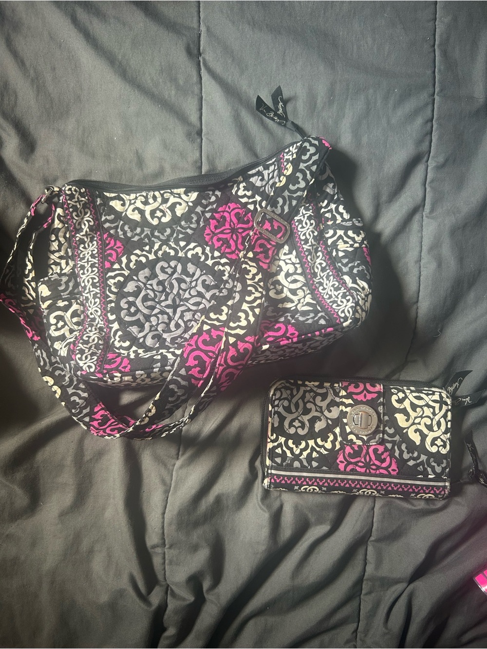 Vera Bradley Quilted Black and Pink Patterned Shoulder Bag and Wallet Set